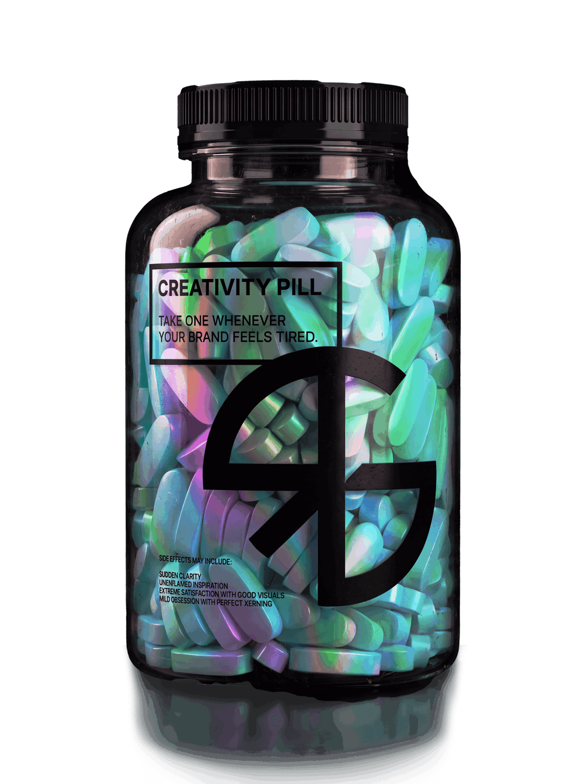 Creativity Pill: a jar of iridescent capsules labelled with the RG logo